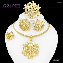 Necklace Earrings Set Luxury Dubai 24K Gold Plated Jewelry For Women Plant Petal Design Ring Bracelet Non Tarnish 4PCS