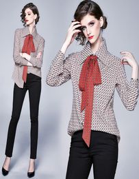 classic fashion print bow tie neck women shirts blouses ribbon long sleeve spring elegant ladies button casual office loose tops6092576