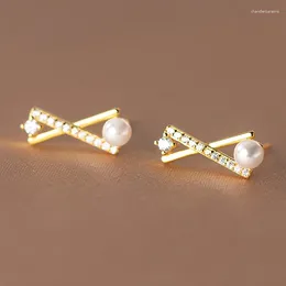 Stud Earrings S925 Silver Women's Cross Synthetic Pearl Fashionable Exquisite Micropaved Zirconia Girls Gift