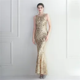 Casual Dresses Summer Fashion Sexy Backless Vestido De Festa Elegant Ladies Gold Sequined O Neck Sleeveless Evening Cocktail Prom Long Dress