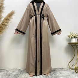 Ethnic Clothing Muslim Beaded Open Abaya Women Islamic Kimono Cardigan Belted Jalabiya Saudi Arabic Robe Eid Ramadan Kaftan Maxi Dress