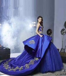 Top Quality Royal Blue Quinceanera Ball Gown 2018 Pattern Sweetheart Neck Gold Beaded Appliques Satin and Shiny Tulle Quinceanera 2443496