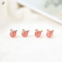 Stud Earrings Natural Pink Strawberry Crystal Studs Earring For Girl Fashion Round Beads Charm Daily Wear Accessory