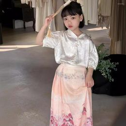 Clothing Sets Children Fashion Casual Loose Suit 2024 Summer Girls Chinese Style Soft And Comfortable Skirt Two Piece Set