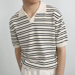 Summer Men Polo Shirts Casual Striped TShirts Man Short Sleeve Business Fashion Korean T Social Tops Clothing 240418