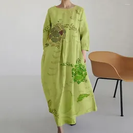 Casual Dresses Women Loose Fit Dress Colourful Printing Maxi With Side Pockets For Three Quarter Sleeve Round Neck A-line Vacation