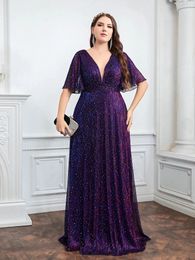 Wedding Bridesmaid Dress For Plus Size Female Fashion Plunging Neck Butterfly Sleeve Glitter Party Dresses Large Lady 240430