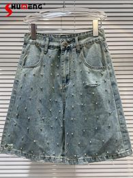 Women's Shorts Fashion 2024 Summer Girl Rhinestone Beaded Pockets Denim Feminine Nice Solid Colour Loose Comfort