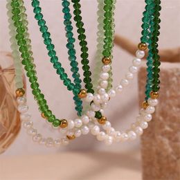 Choker Stainless Steel Metal Ten Freshwater Pearl Cut Green Crystal Handmade Beaded Necklace For Women Party Jewelry