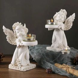 Candle Holders Europe Retro Angel Candle Holder Resin Vintage Figurines Desktop Candlelight Dinner Wings Angel Candlestick for Small Teght T240505