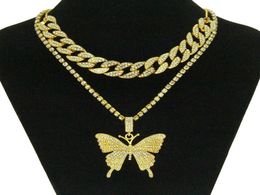 Hip Hop Iced Out Rhinestone Big Butterfly Pendant Necklace Cuban Chain Set for Women Statment Bling Crystal Animal Choker Jewelry2575842