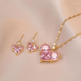 Necklace Earrings Set Pink Stone Shiny Crystal Peach Heart Pendant Jewellery For Women Engagement Wedding Bride Accessory
