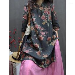 Women's Blouses 2024 Arrival Spring/summer Women Loose Fit Casual Floral Print O-neck Half Sleeve Blouse Ramie Asymmetrical Shirts S169