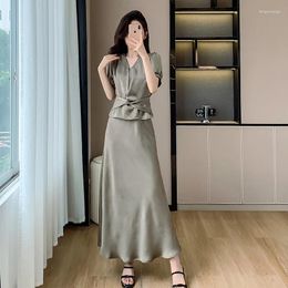 Work Dresses Fashion Summer Solid Satin Two Piece Set For Women V Neck Cross Elastic Waist Ruffles Puff Sleeve Tops Long Skirt Suits