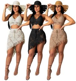 Women Swimsuit Two Piece Set Sexy Hand Crocheted Fringe Casual Skirt Set Summer Beach Swimsuit Blouse SXL9452788