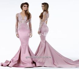 2019 Miss USA Pageant Dresses Mermaid Sheer Deep V Neck Lace Sweep Train Satin Plus Size Long Sleeves Evening Dresses Celebrity Pr8175833