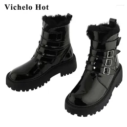 Boots Vichelo Snow Cow Patent Leather Buckle Decoration Round Toe Thick High Heel Hook Loop Keep Warm Winter Ankle L41