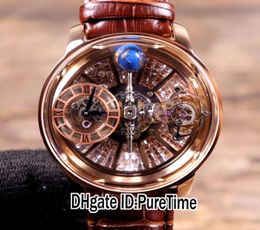 New Astronomia Tourbillon Baguette Swiss Quartz Mens Watch Rose Gold Silver Diamond Skeleton Dial Brown Leather Strap Watches Pure5575896