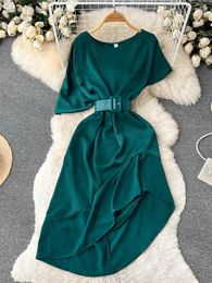 Party Dresses Summer Women Irregular Ruffle Dress Elegant Round Neck Short Sleeve High Waist Vestidos With Belt Black/Green/Red Vintage Robe