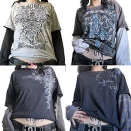 Harajuku Patchwork Long Sleeve T-shirt Graphic Print Pullovers Tops Women Y2K Cyber Grunge 00s Retro Tee E Girl Gothic Tees 240430