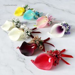 Decorative Flowers Married Corsage European Groom Bride Calla Lily Handmade Brooch Prom Party Imitation Real Bouquet