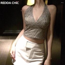 Women's Tanks ReddaChic Sparkle Rhinestone Halter Crop Top Women Retro Gray Patchwork Open Back Slim Fit Sleeveless Vest Y2k Grunge