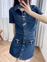 Women's Blouses Women 2024 Spring And Summer Blue Rhinestone Bow Lapel Short Sleeve/Denim Skirt