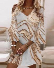 Casual Dresses Women's Quarter Sleeved Straight Dress 2024 Summer Vintage Tribal Print V-Neck Bell Sleeve Daily Vacation