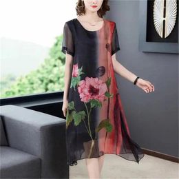 Party Dresses 2024 Summer Dress Long Print Fat Female Is Thin And Loose Korean Red Chiffon Women's Clothing Size 3XL Vintage