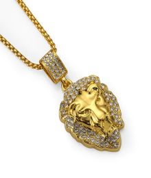 Fashion Men Lion Head Animal Pendant Necklace Crystal Design 75cm Long Chains Punk Rock Micro Hip Hop Jewellery Mens Necklaces3898356