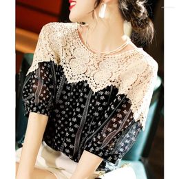 Women's Blouses O Neck Print Lace Splice Elegant Shirt Summer Loose Blouse Women Hollow Crochet Sexy Lady Casual Short Sleeve Tops Female