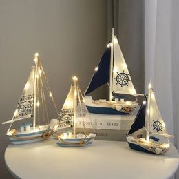 Wooden Fishing Boat Figurines Mediterranean Style Sailing Decoration Crafts Household Office Handwork Nautical Art Deco 240427