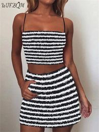 Work Dresses WJFZQM Sexy Bodycon Women Club Outfits Black White Striped Crop Top Mini Skirt Set Summer 2 Two Piece Sets For 2024