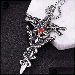 Pendant Necklaces Fashion Double Dragon Sword Titanium Steel Necklace Retro Punk Cross Lucky Fortune Mens Accessories Jewellery Gift D Dhuco