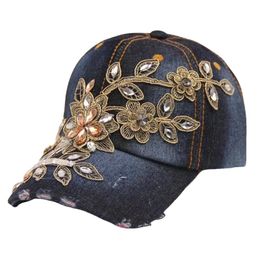 Women Designer Fashion Baseball Cap Diamond Painting Embroidery Flower Denim Snap back Hats Jeans lady Female Cap Cowboy Summer Sun Hat