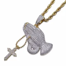 Pendant Necklaces Praying Hands Cross Pendants Micro Paved CZ Men's Bling Out Hip Hop Rapper Jewellery