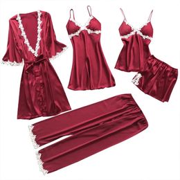 5 Pieces Sets Sexy FivePiece Pajamas Womens Summer Half Sleeve Bridal Gown plus Size Homewear Nightgown Bathrobe 240428