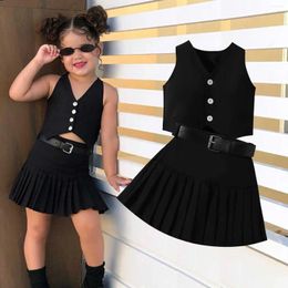 Clothing Sets 2024 Girls' Summer Solid Colour Sleeveless Buckle Vest High Waist Casual Short Skirt Two-Piece Set With Belt