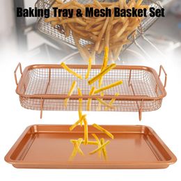 Oil Frying Baking Pan Copper Baking Tray Grill Crispy Mesh Non-stick Chips Basket Stainless Steel For Oven Air Fryer BBQ 240423