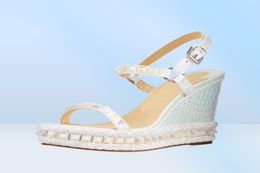 Summer Women High Heels Sandals Luxury Red Bottoms Pyraclou Iridescent Spike Wedge Espadrille Sandal lady heel pumps wedges white2318202