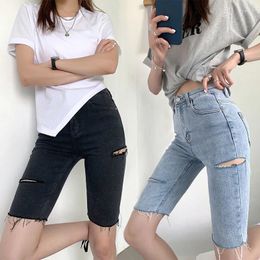 Women's Jeans Ripped Shorts Women Summer 2024 High Waist Loose Straight Middle Jean Korean Style Cropped Pants For College Students