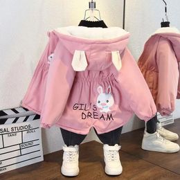 Jackets 2024 Fashion Girls Jacket Plus Velvet Autumn Winter Coats For Girl Cartoon Hooded Windbreak Outerwear Children Clothing