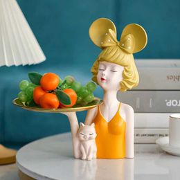 Decorative Objects Figurines Home Accessories Cartoon Girl Statue Key Organizer with Tray Living Room Decorations Resin Sculpture Craft Gifts Home Decor T240505