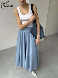 Skirts Oymimi Fashion Blue Cotton Women's Skirt 2024 Elegant High Waisted Loose Solid Casual Pleated Ankle-Length Female