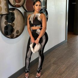 Women's Pants Two Pieces Set Women Print Sexy Zipper Sleeveless Crop Top Vest Bottoms Slim Trouser Suit Casual Streetwear