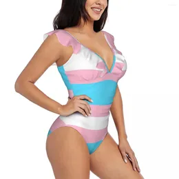 Women's Swimwear Women One Piece Swimsuit Transgender Flag Female Swimming Bikinis Push Up Monokini Sexy Ruffle Bathing Suit