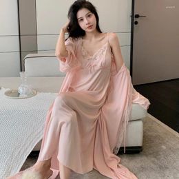 Women's Sleepwear Pink Lace Wedding Robe Nightygown Set Spring Summer Kimono Bathrobe Gown Loose Casual Satin Home Dress Lounge Wear