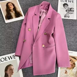 Women's Suits Solid Simple Notched Loose Coat Metal Buckle Small Suit Jacket For Spring 2024 Double Breasted OL Elegant Blazers
