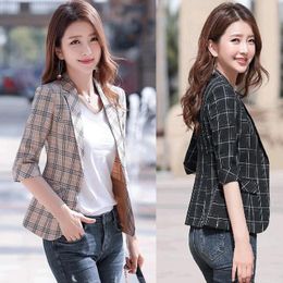 Women's Suits S-4XL Women Blazer Jacket Plaid Slim Spring Autumn Casual Office Work Plus Size Black White Khaki