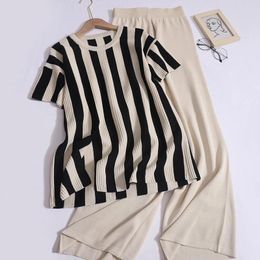Women's Two Piece Pants Spring Women Sports Striped Split Elastic Band Wide Leg Loose Top Set Thin Short Sleeved Pullover Two-piece Summer